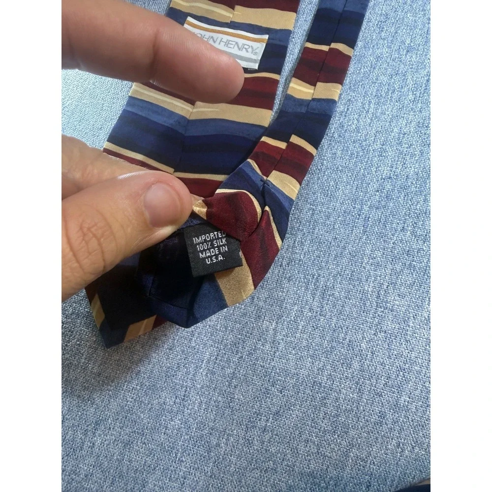 Vintage John Henry 100% Silk Necktie Horizontal Stripe Red Navy Gold
